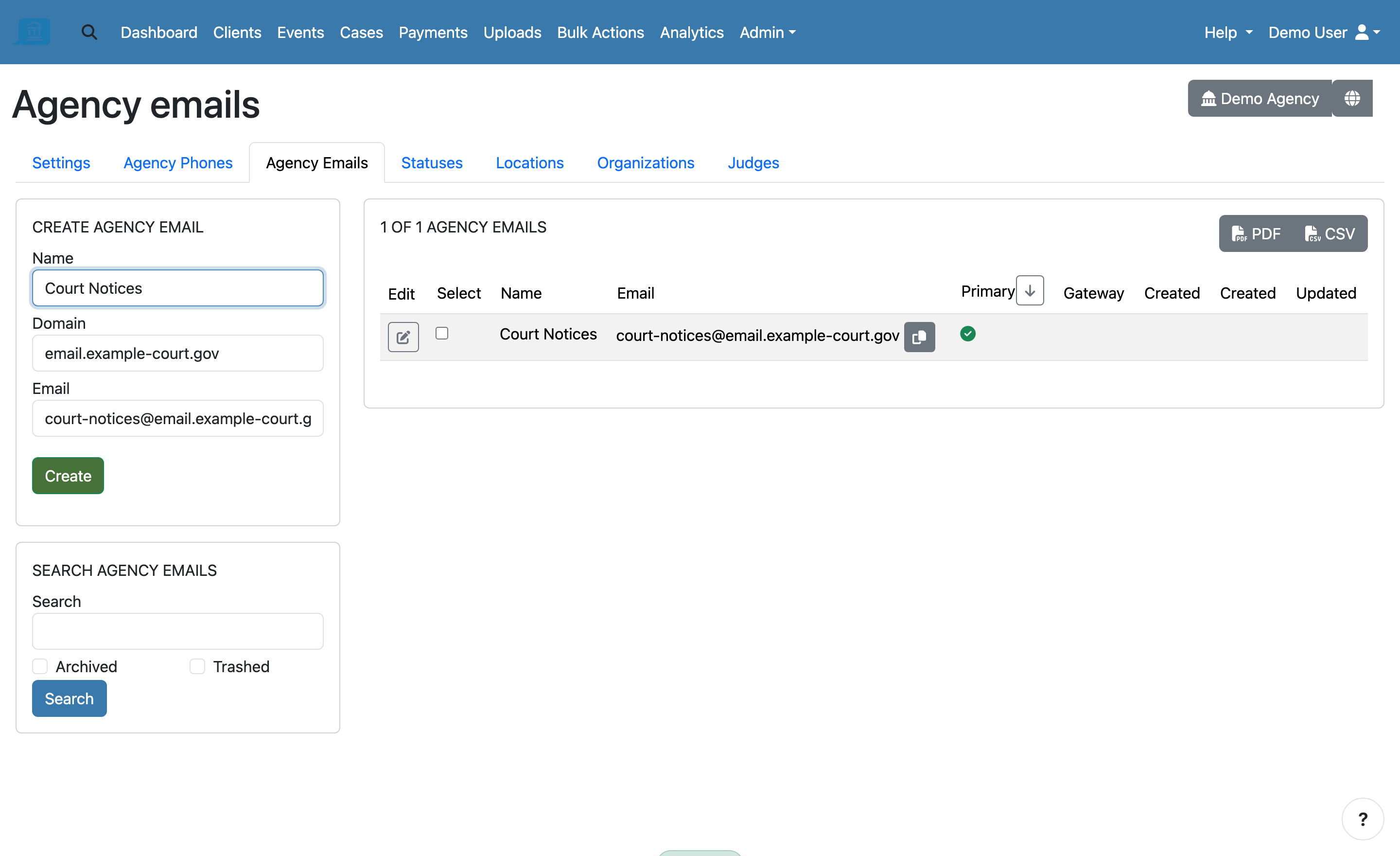 The Agency Emails page. The Domain dropdown on the create form is set to email.example-court.gov with the address filled in below it, and the list shows the primary agency email on that same domain rather than ecase.io