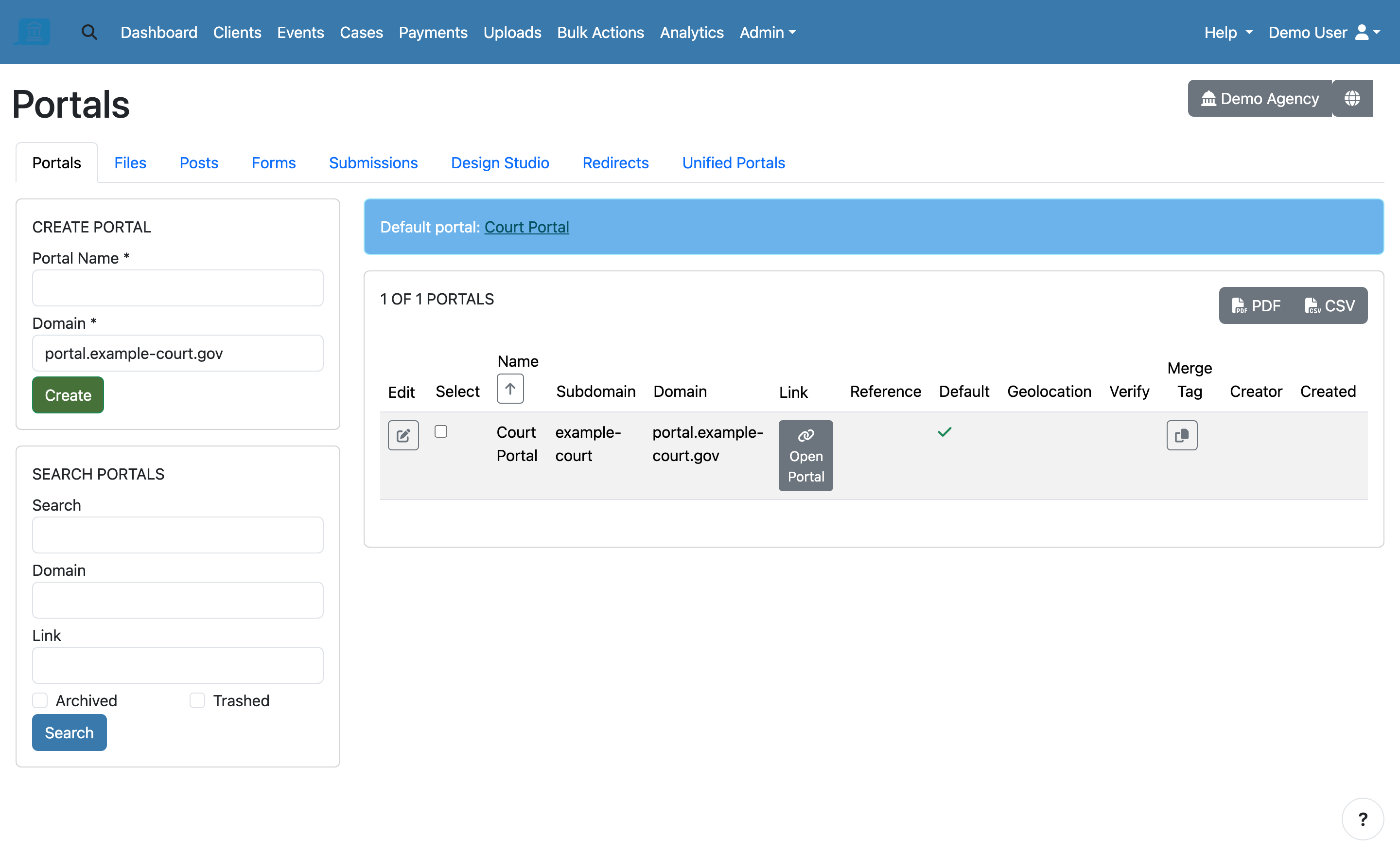 The Portals page in the Agency app. The Domain dropdown on the create form is set to portal.example-court.gov, and the list shows the default portal on that same domain rather than ecase.io