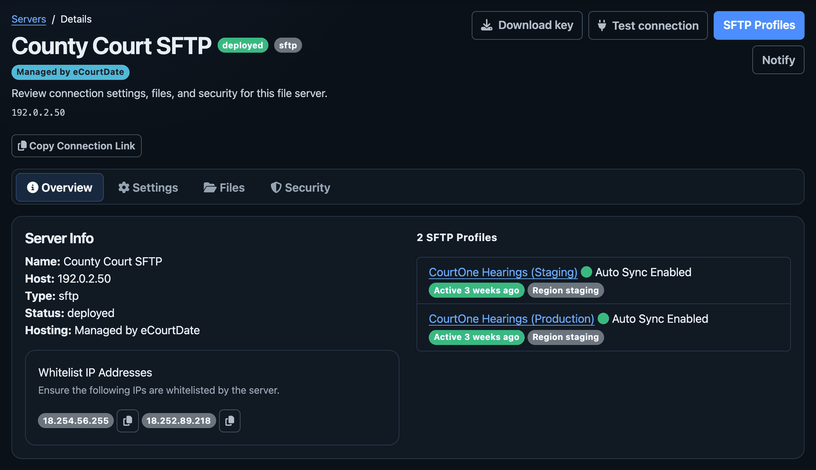 The Console server page for a managed SFTP server, showing the Managed by eCourtDate badge, the host under Server Info, the Download key button, the Security tab, and the staging and production SFTP profiles