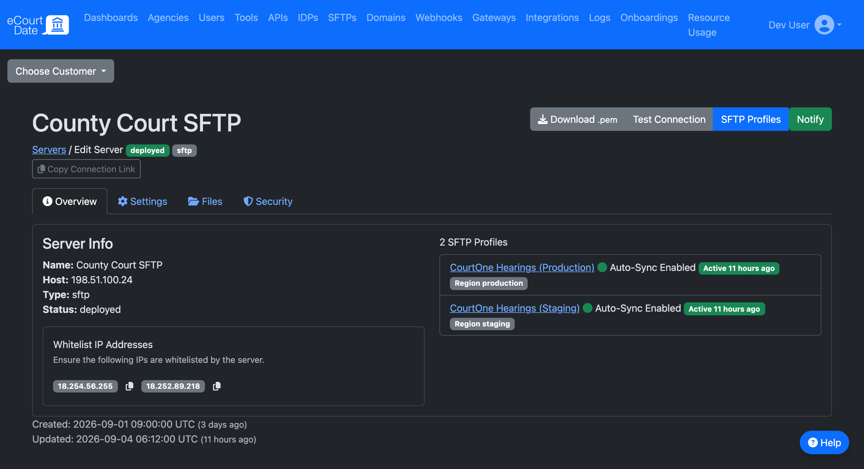 The Console server page for a managed SFTP server, showing the host under Server Info, the Download .pem button, the Security tab, and the staging and production SFTP profiles
