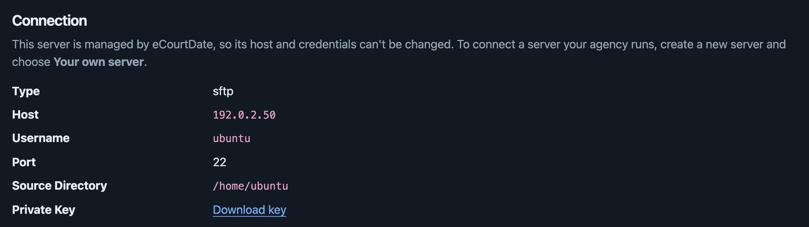 The read-only Connection section on a managed server's Settings tab, with Type, Host, Username, Port, Source Directory, and a Download key link