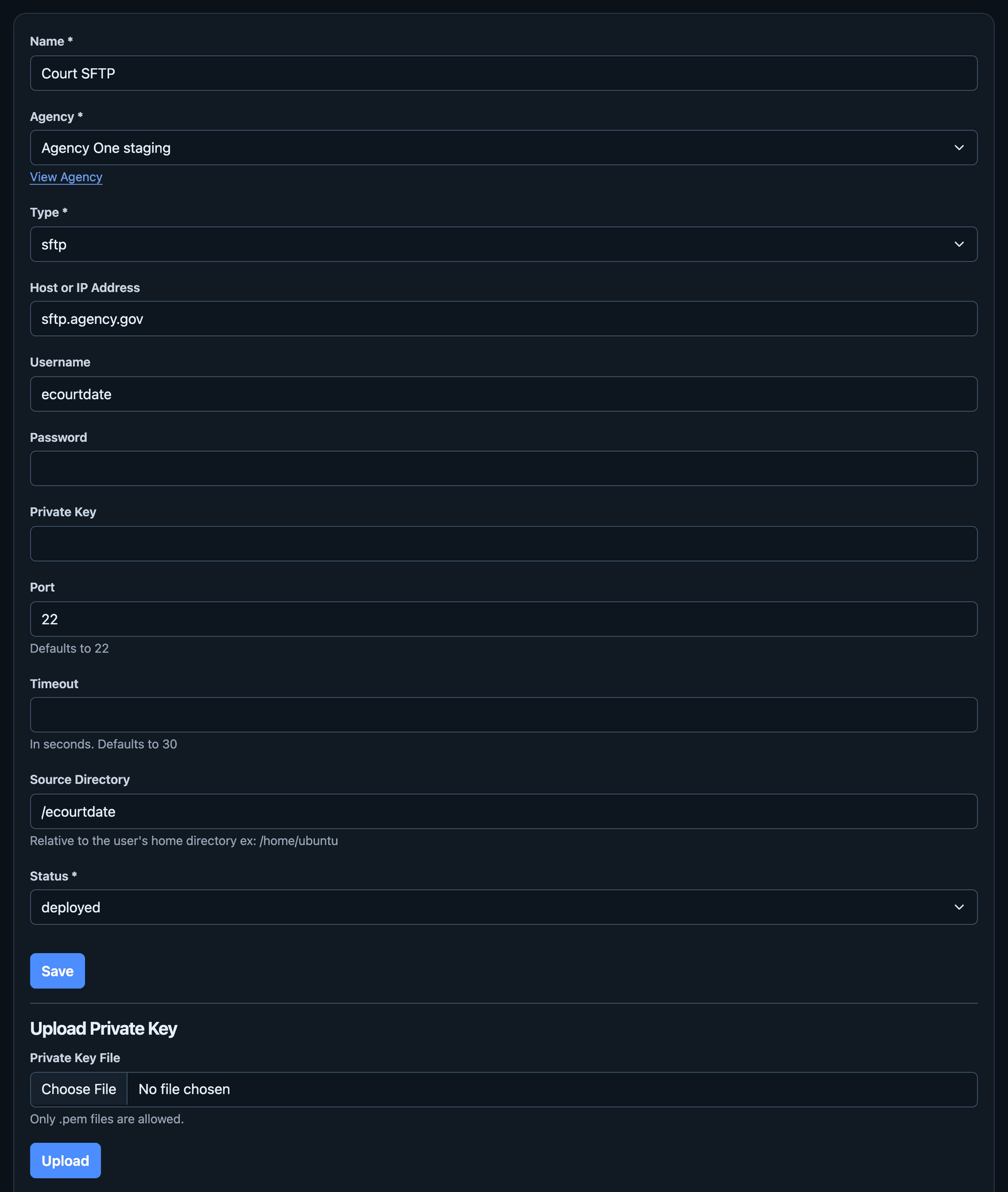The Settings tab for a server the agency runs, with Type, Host or IP Address, Username, Password, Private Key, Port, Timeout, Source Directory, Status, and the Upload Private Key section