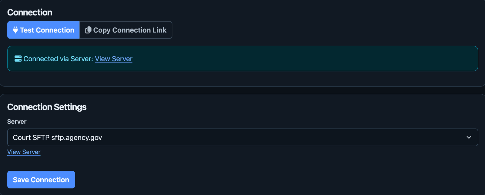The Connection tab of an SFTP Profile linked to a server, with Test Connection, Connected via Server, and the Server selection