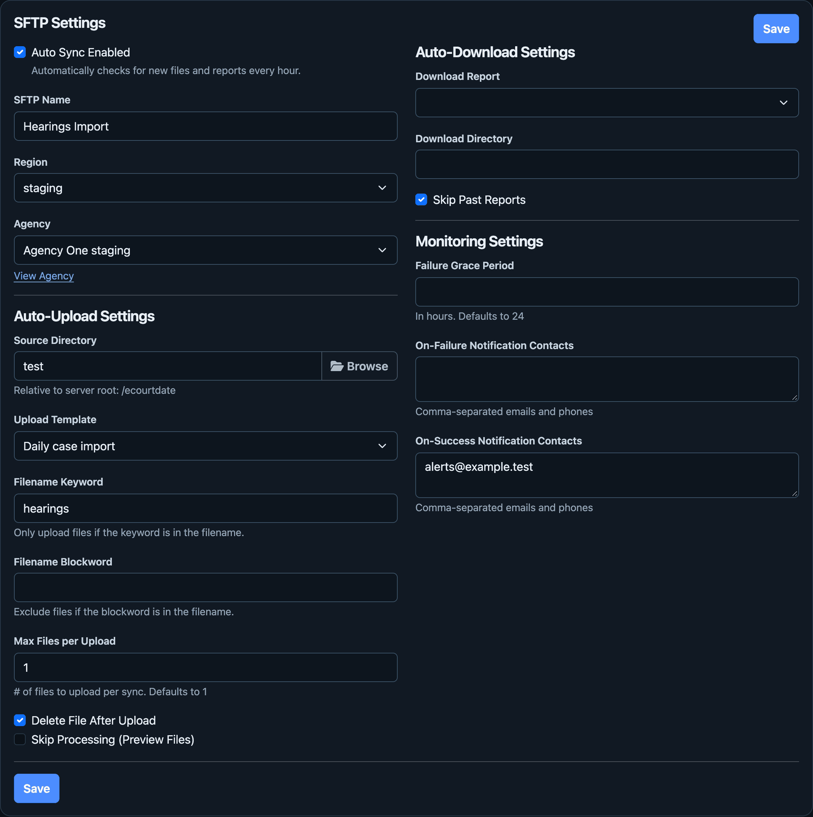 The Settings tab of an SFTP Profile, with Auto Sync Enabled, Auto-Upload Settings, Auto-Download Settings, and Monitoring Settings