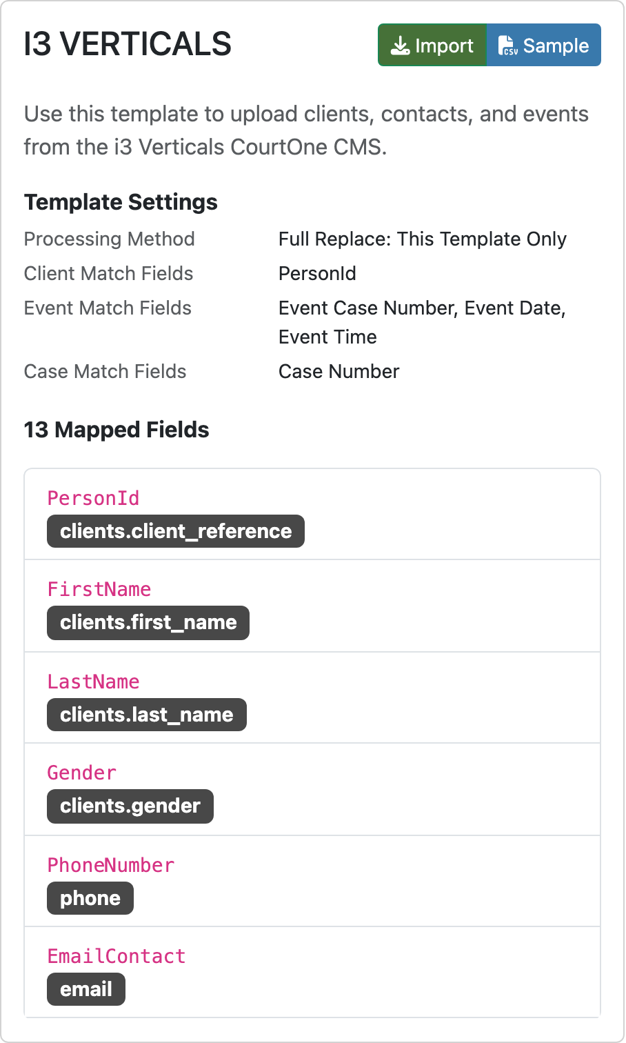 The i3 Verticals card on the File Templates page, showing the Import and Sample buttons, the template settings, and the mapped fields
