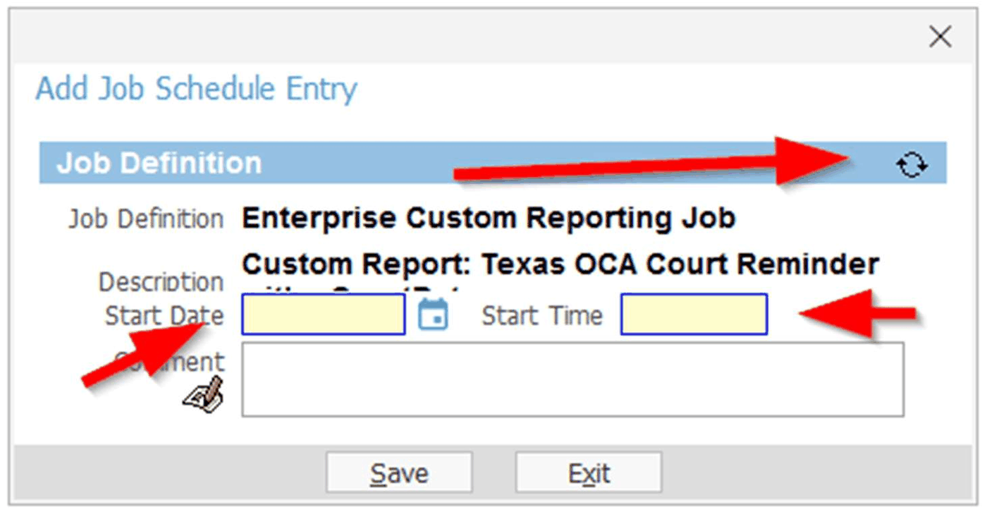 The Add Job Schedule Entry dialog, with arrows pointing to the Start Date and Start Time fields and the recurrence icon on the Job Definition ribbon