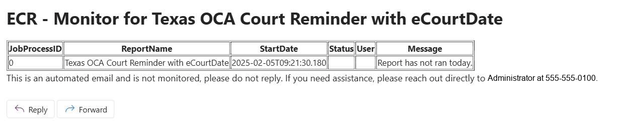 A sample ECR Monitor email reporting that the court reminder report has not run today