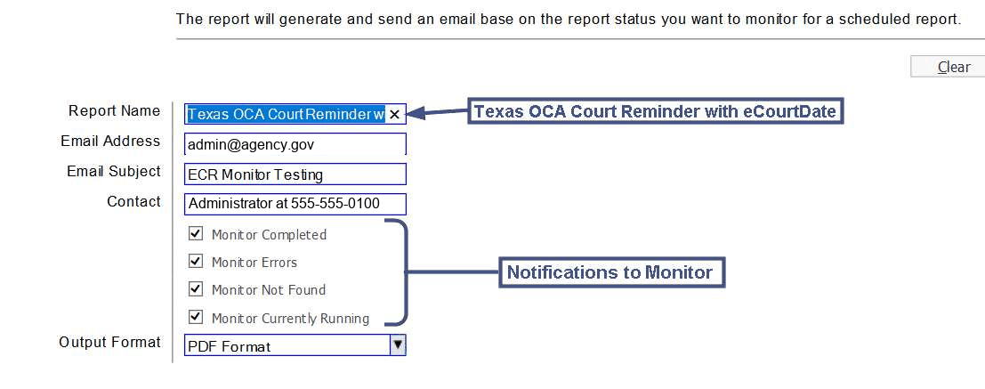 The ECR Monitor Report form in Odyssey, with the report name, email address, subject, contact, all four notifications checked, and PDF output