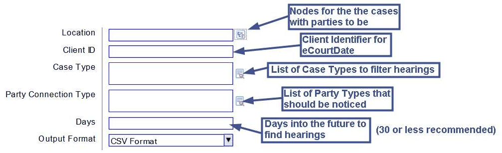 The report parameters screen in Odyssey, with Location, Client ID, Case Type, Party Connection Type, Days, and Output Format fields